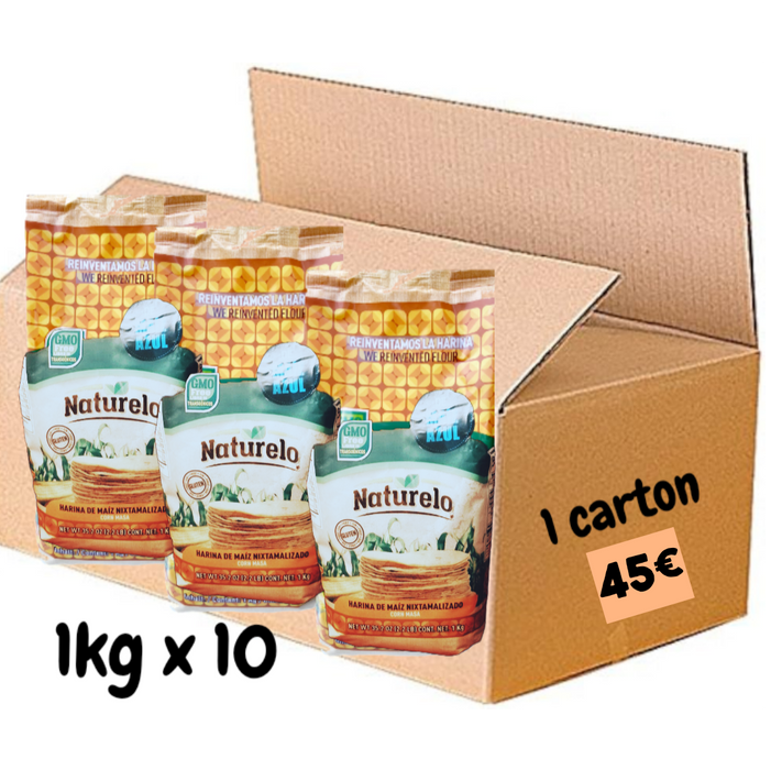 1 carton x 10 kg Harina AZUL nixtamalizada / Farine bleue de maïs nixtamalisée Naturelo 1kg