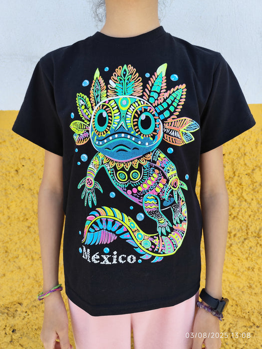 T-shirt Noir "Axolotl Mexicain" – Design Coloré Inspiré de l'Art Huichol