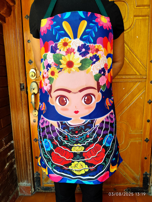 Tablier coloré "Frida kawaii" – Style mexicain avec fleurs et motifs folkloriques
