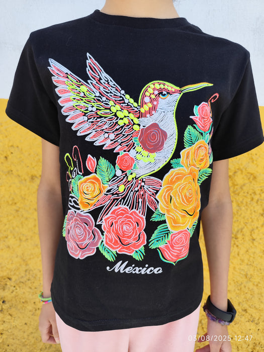 T-shirt mexicain colibri et fleurs