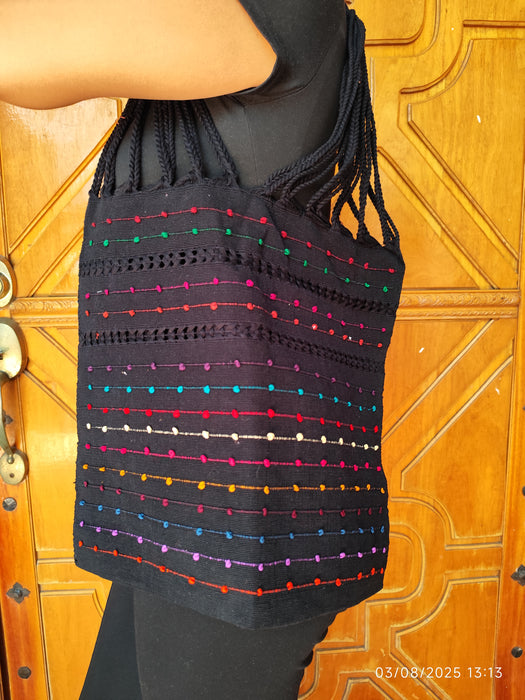 Sac cabas artisanal noir en tissu rayé