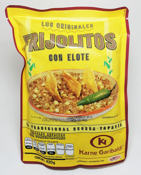 Frijol entero Pintos con elote Karne Garibaldi en 420g/avec du piment et des graines de maïs blanc