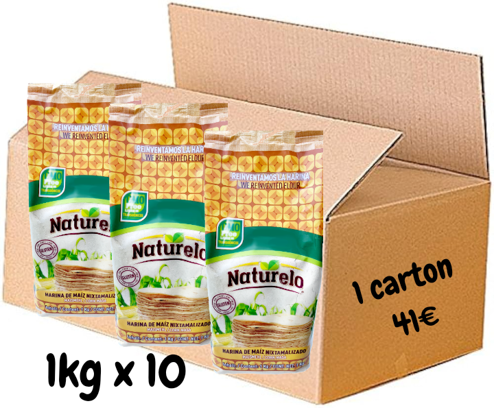 1 carton x 10 kg Harina blanca nixtamalizada / Farine blanche de maïs nixtamalisée Naturelo 1kg