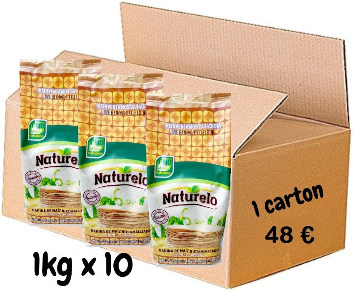 1 carton x 10 kg Harina blanca nixtamalizada / Farine blanche de maïs nixtamalisée Naturelo 1kg