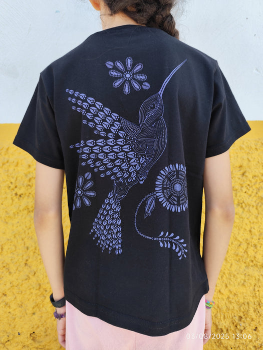 T-shirt enfant colibri multicolore – coton 100% – Art Huichol inspiré