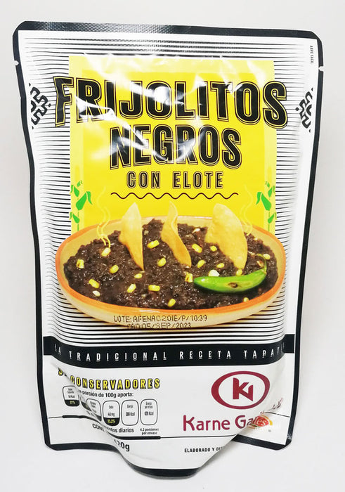 Frijol entero Negros con elote Karne Garibaldi en 420g / Haricots Noires cuisinés avec du piment et des graines de maïs blanc